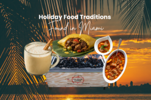 A festive spread of Miami holiday foods including coquito, Cuban lechón in a caja china, Haitian soup joumou, and Venezuelan hallacas, showcasing South Florida’s diverse cultural traditions.