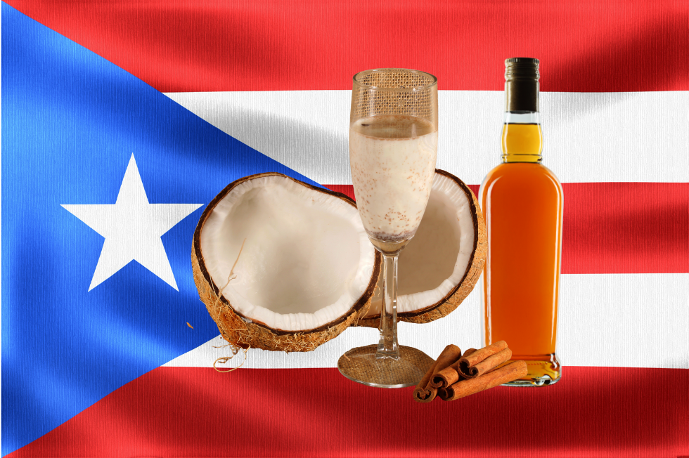 Glass bottles of Puerto Rican coquito garnished with cinnamon sticks, representing a traditional Miami holiday drink.