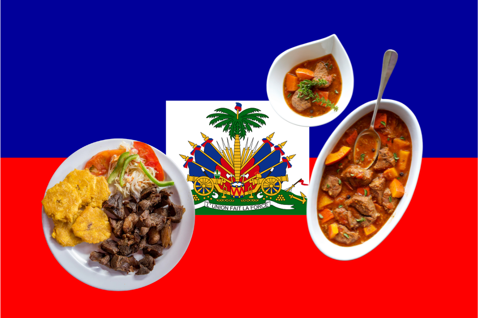 Bowl of Haitian soup joumou with squash broth and vegetables alongside a platter of griot and pikliz.